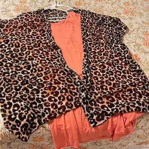 Coral blouse with leopard kimono